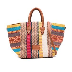 Woven Multicolor Straw Tote Bag with Leather Handles